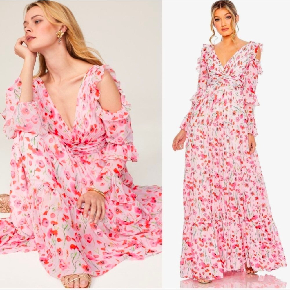 Mac Duggal Ruffle Sleeve Floral Print Chiffon Gown Retail $598