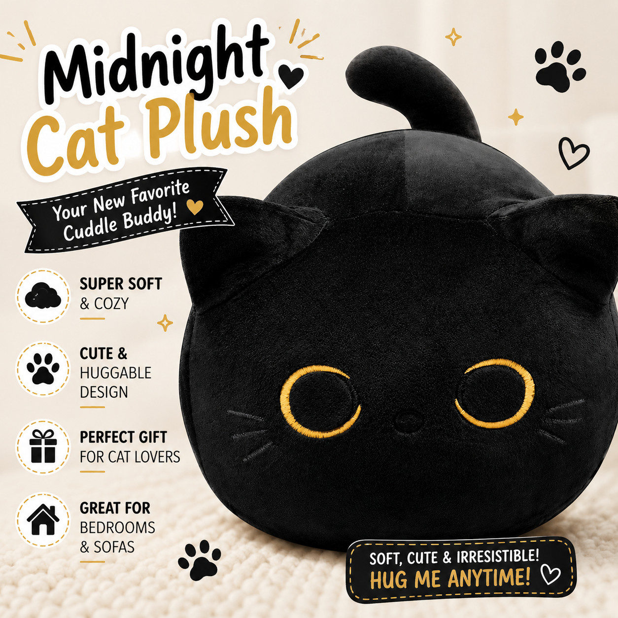 9.8in Kawaii Black Cat Plush Pillow Doll - Soft Toy for Kids, Anime Cat Plushies
