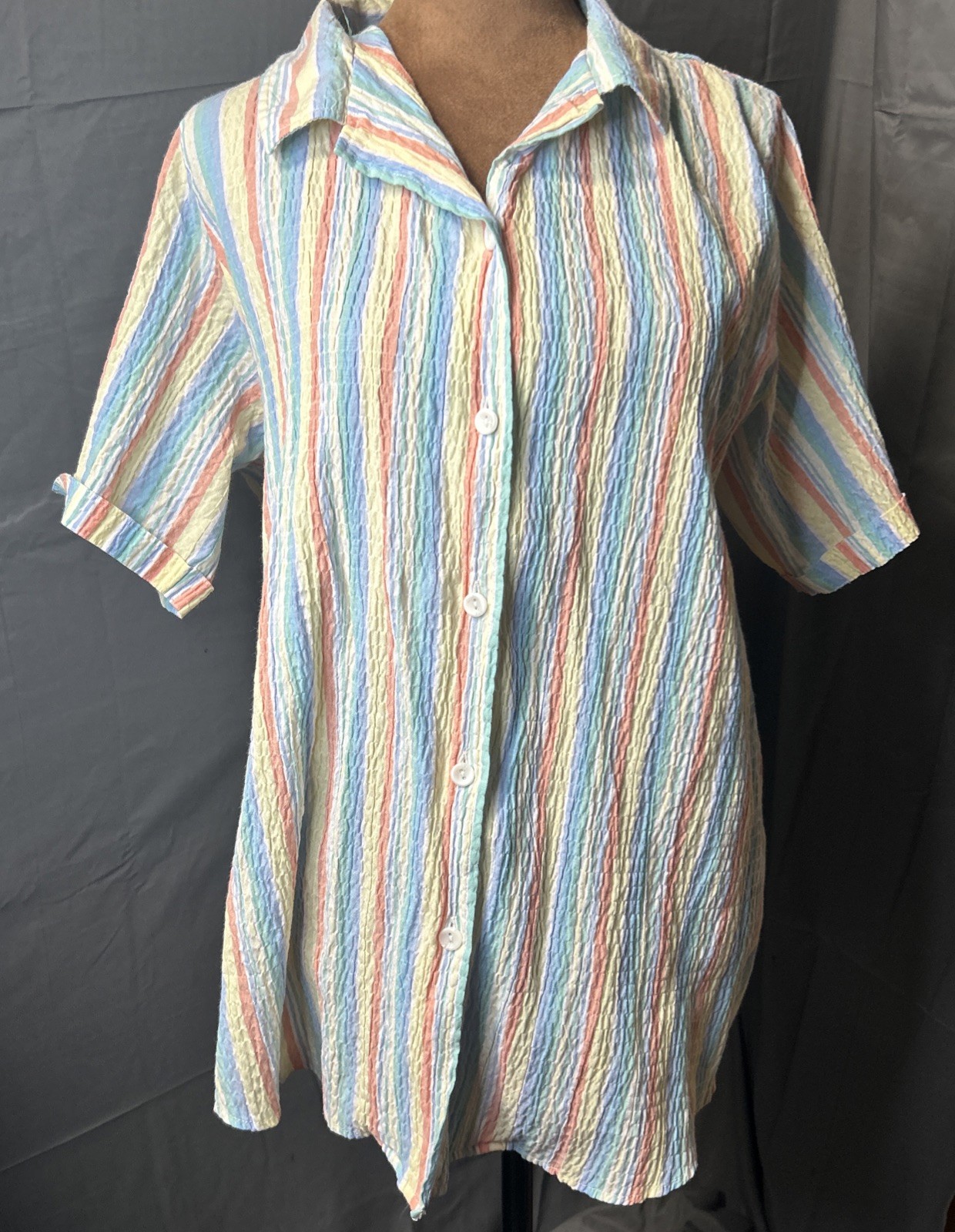 Vintage BonWorth Pastel Candy Striped Seersucker Crinkle Shirt Blouse Size Large