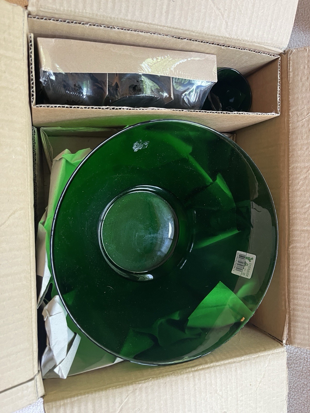 💙RARE VTG EMERAUDE GLASS PUNCH BOWL+ 8 CUPS~MCM~MID CENTURY~GREEN~NIB NEW 💙RARE VTG EMERAUDE GLASS PUNCH BOWL+ 8 CUPS~MCM~MID CENTURY~GREEN~NIB NEW