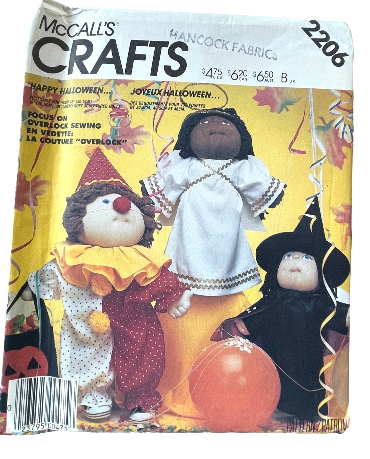 McCalls Sewing Pattern 2206 Sculptured Doll Clothes for Clown Angel Witch
