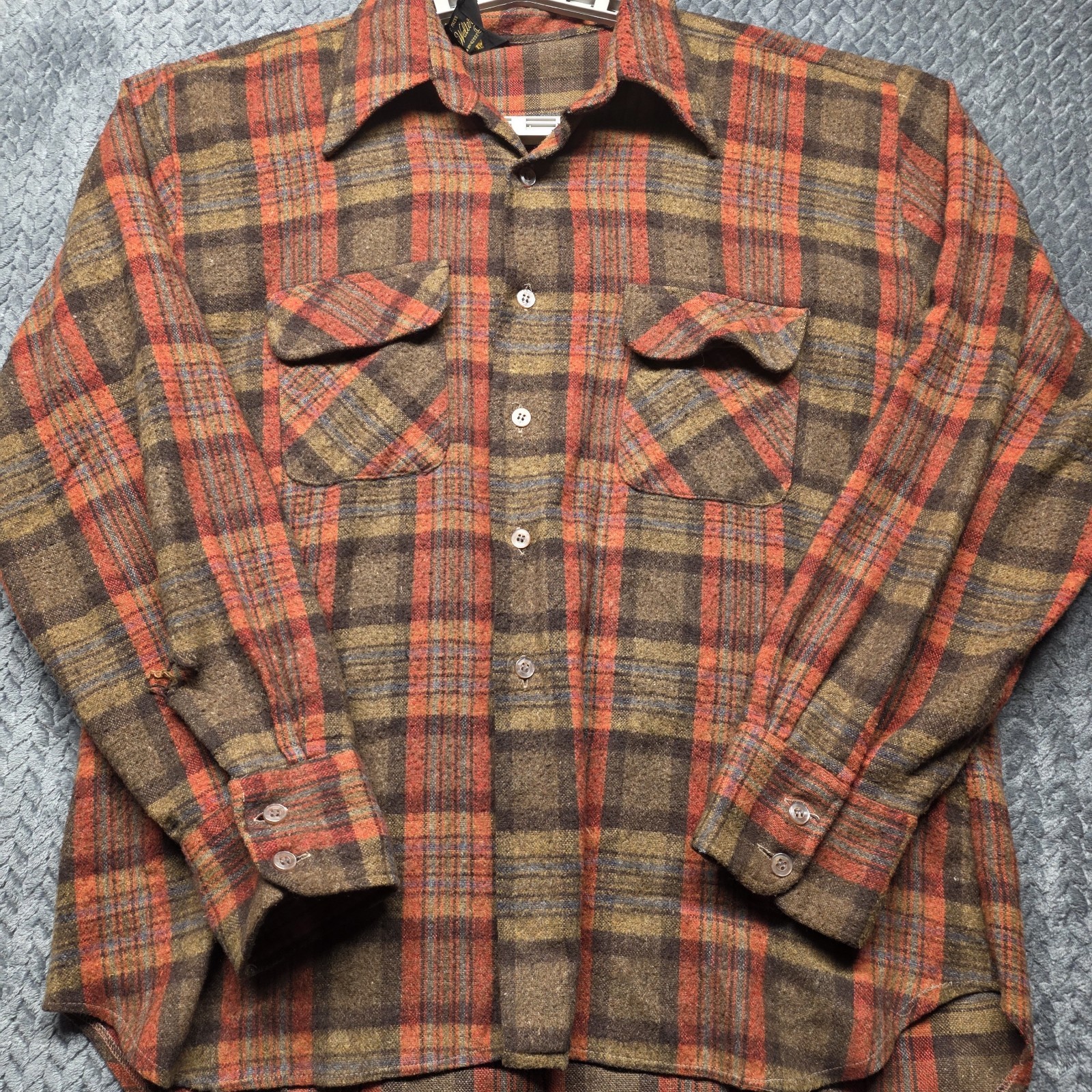 VTG Sir Walter Men’s Plaid Flannel Shirt L Brown Red Wool Blend Korea 70s 80s