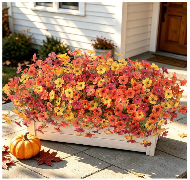 12 Bundles UV Resistant Artificial Fall Mums – Faux Outdoor Flowers for Porch