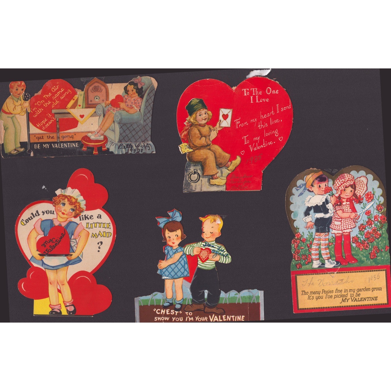 Vintage 1930s Die Cut Valentine Cards Lot of 5 Children Hearts 1935-39 Ephemera