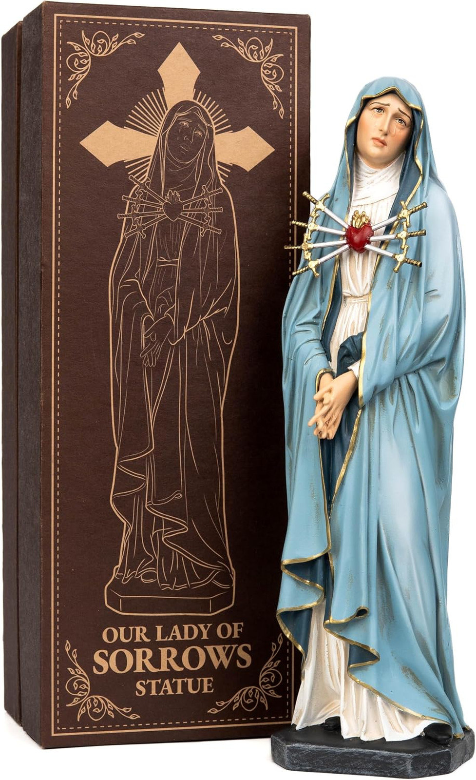 Hand-Painted Our Lady of Seven Sorrows Statue, Light Blue Blessed Virgin Mary
