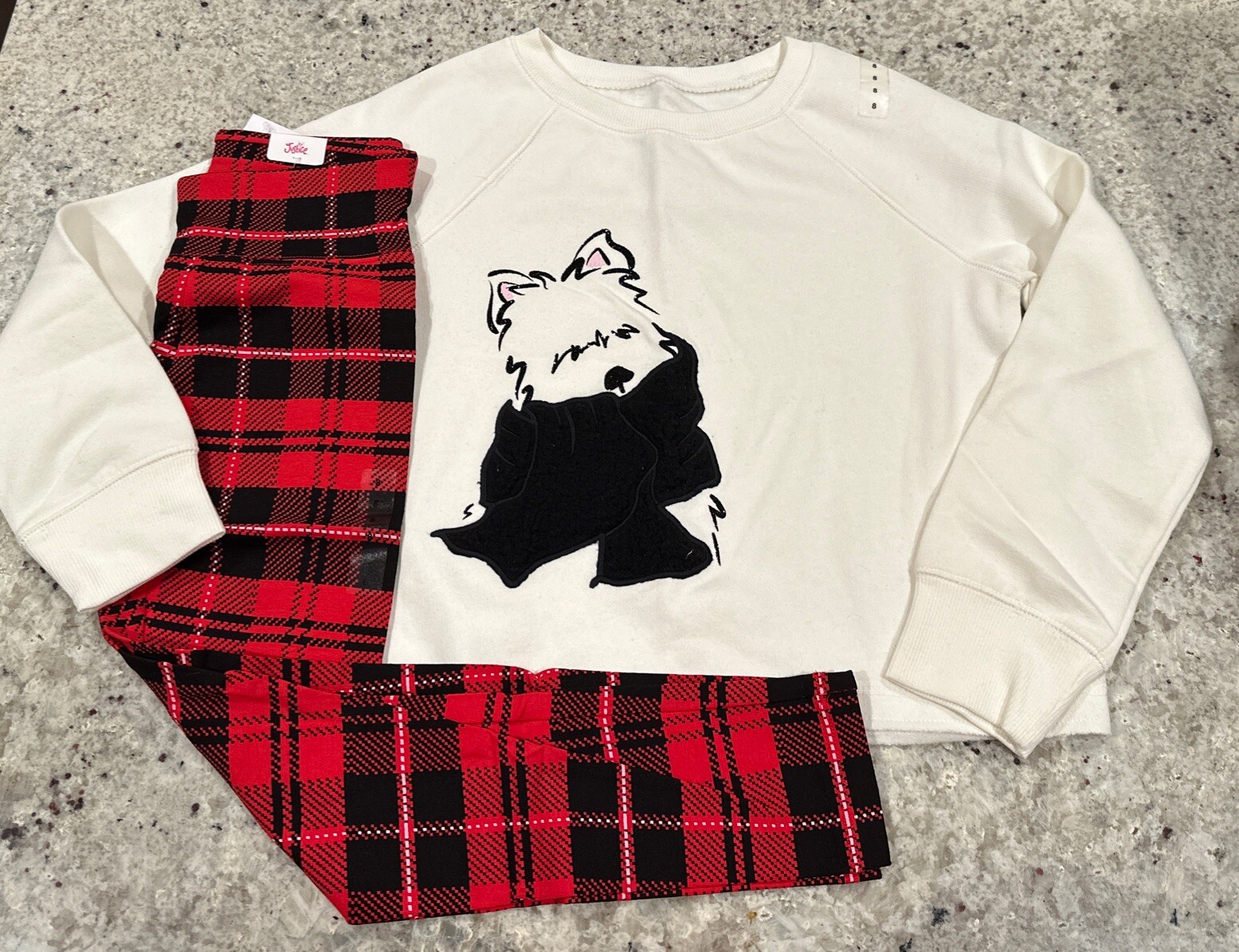 NWT Justice Girls Outfit Yorkie Plush Sweatshirt/Plaid Leggings Size 8