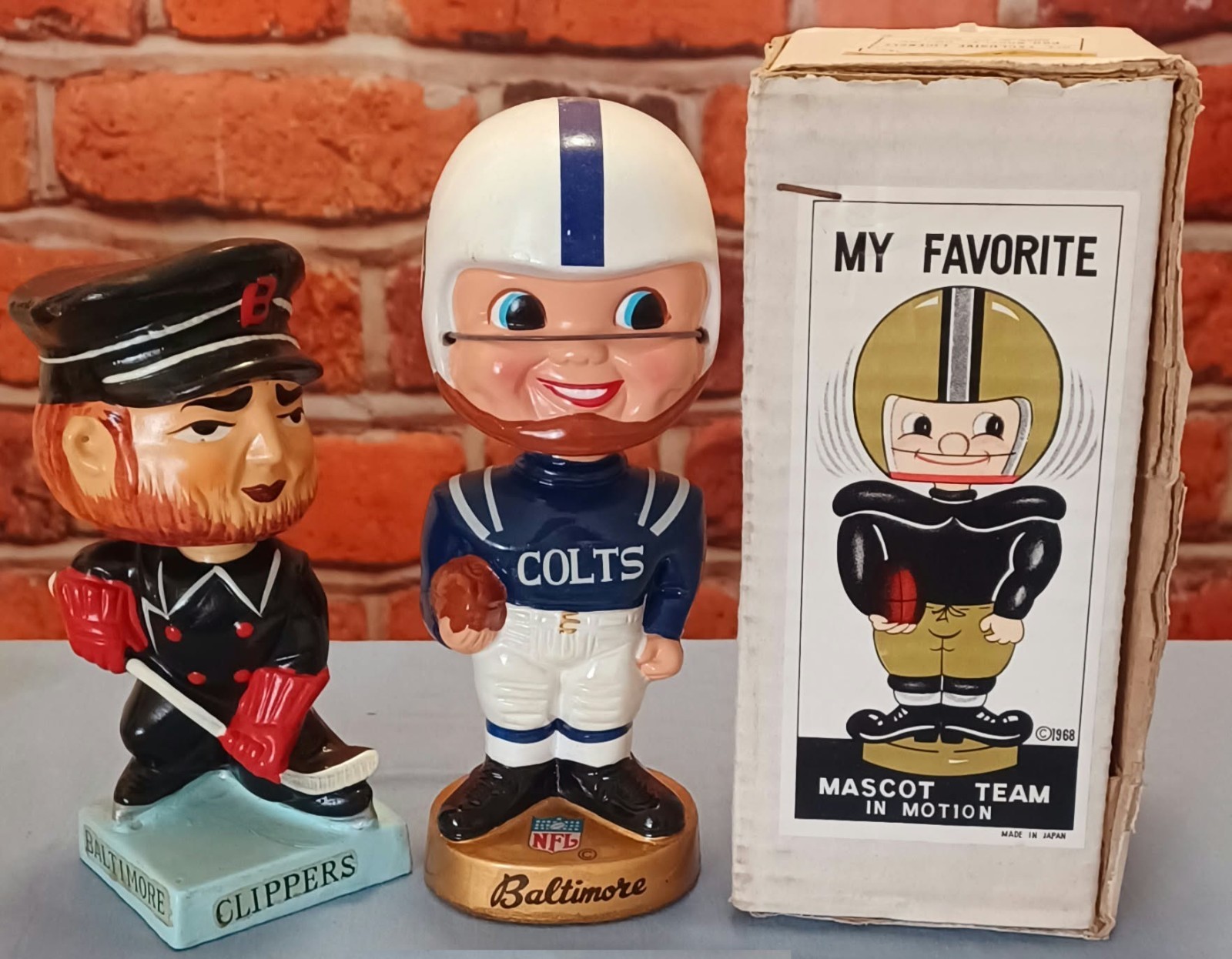 2 Vintage BALTIMORE Bobbleheads 1967 Colts + 1968 Clippers GR.Cond. Logos Intact