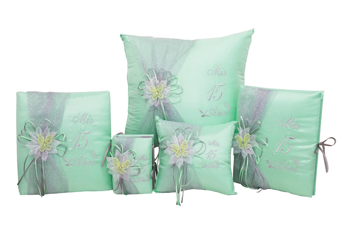 5 pc Mint Quinceanera Set Mis Quince Set Pillows Guest Book Photo Album Bible