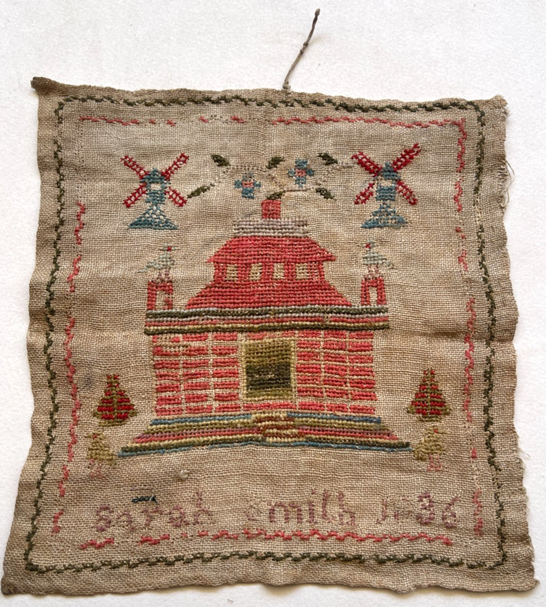 1836 Sarah Smith Antique English Schoolgirl Sampler House Windmills Birds Folk