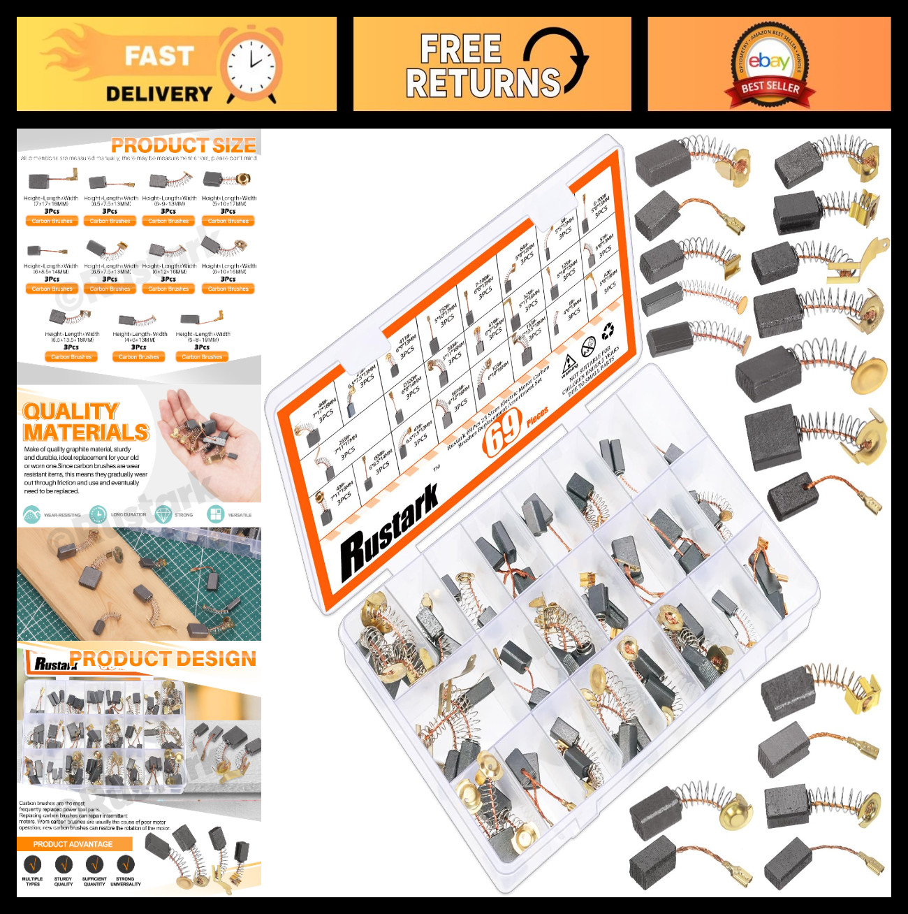 69Pcs Electric Motor Carbon Brushes Set - 23 Sizes Graphite Brush Repair Kit