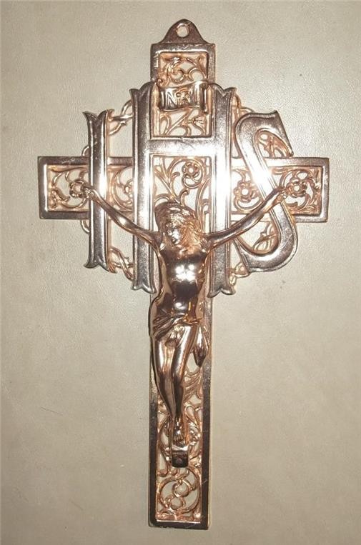 RARE VINTAGE CATHOLIC ORNATE BRASS CRUCIFIX CROSS ~ JENNINGS BROS BROTHERS STYLE