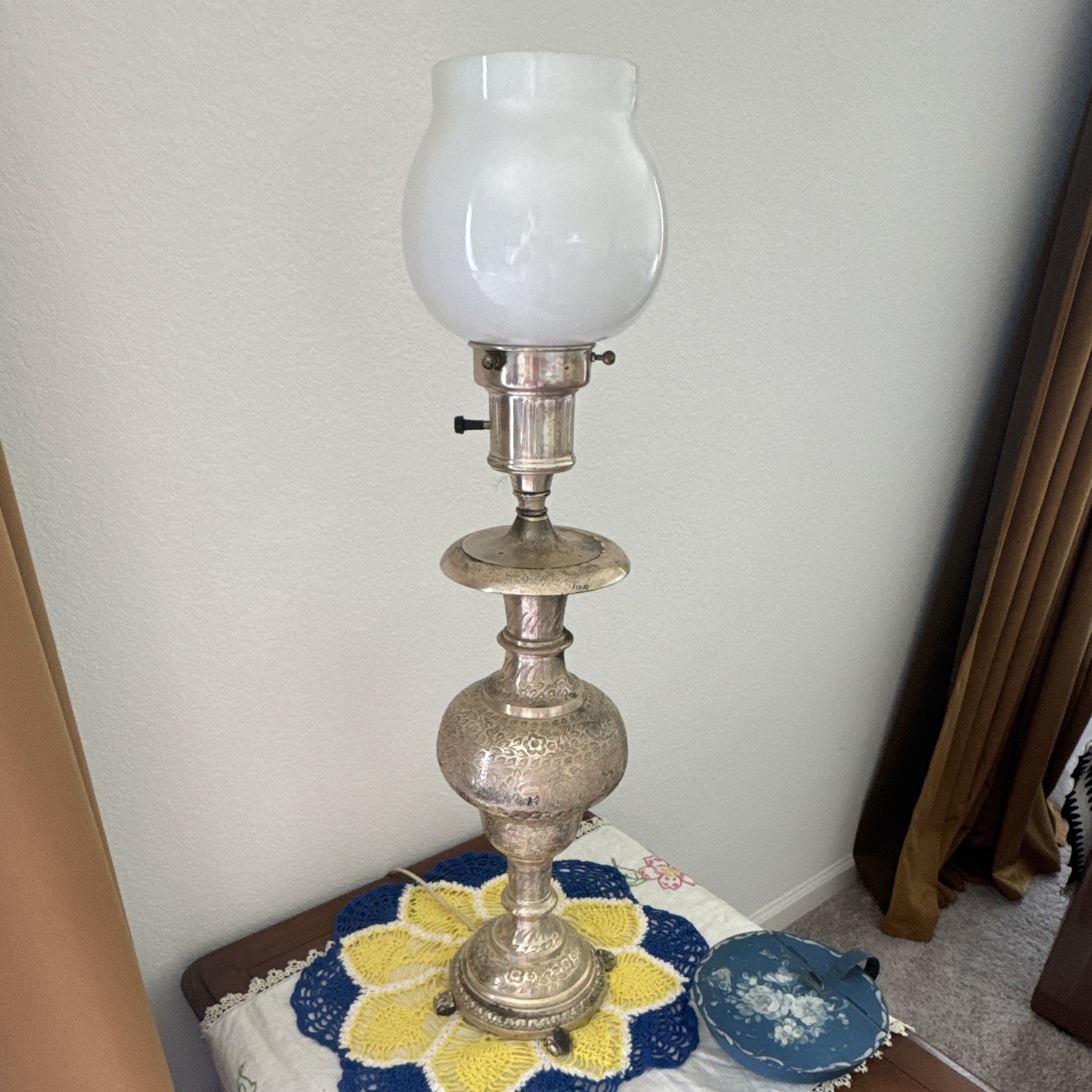 Antique Hand Metallic Floral Etched Metal & Glass Table Lamp, Corded
