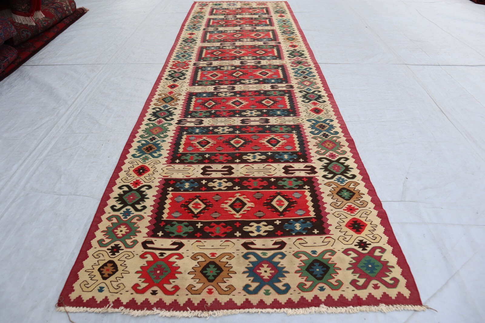 1950s Antique Caucasian Flatweave Rug- Afghan Handmade Wool Hallway Rug 3x11 ft