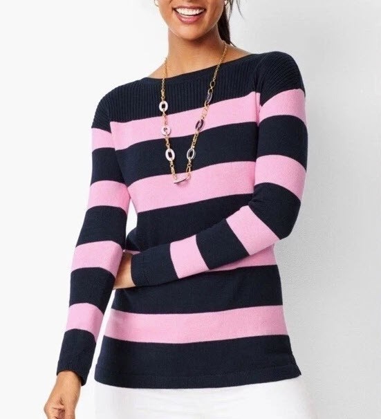 NWT Petite Large Talbots Knit Sweater Boat Neck Long Sleeves Navy Pink Stripe NWT Petite Large Talbots Knit Sweater Boat Neck Long Sleeves Navy Pink Stripe
