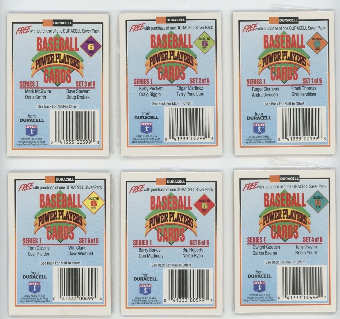 1993 Duracell Baseball Power Players Series 1 Complete Set 1-6 Sealed Packs 1-24