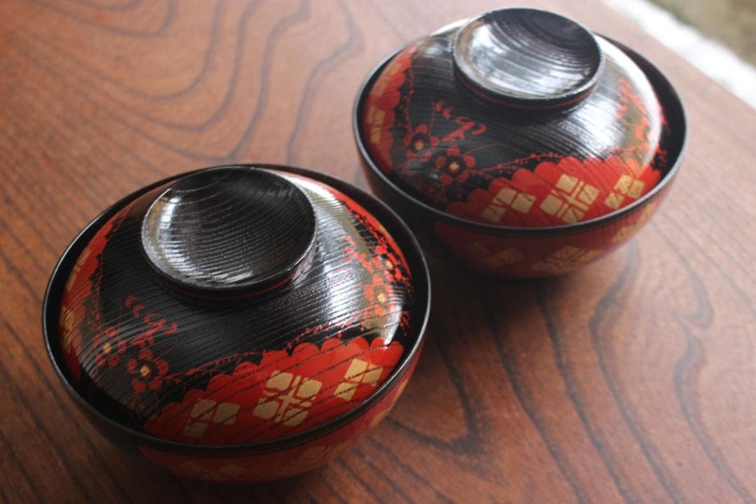 Wajima Two Hidehira Lacquer Bowls Black Diamond Flower Used