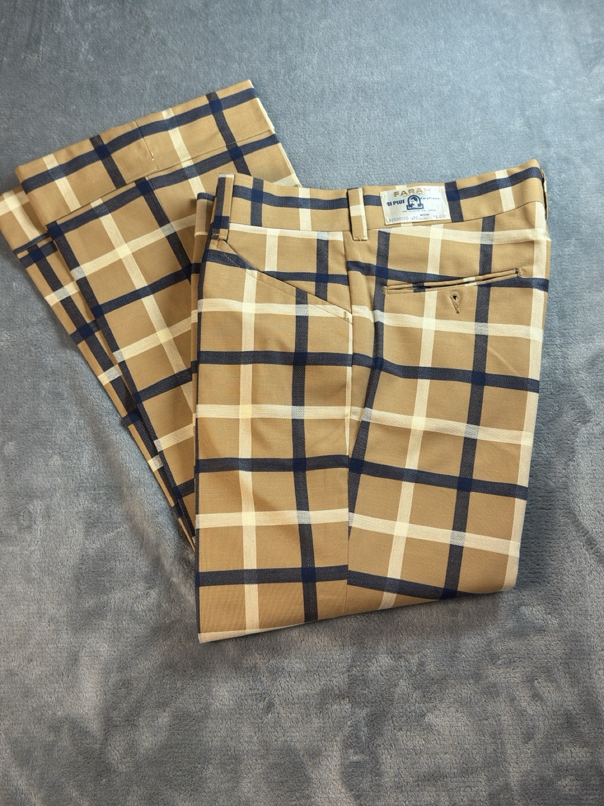 VTG 70s Farah Flare Pants Mens W32 Deadstock NWT FaraPress Golf Disco Tan Blue