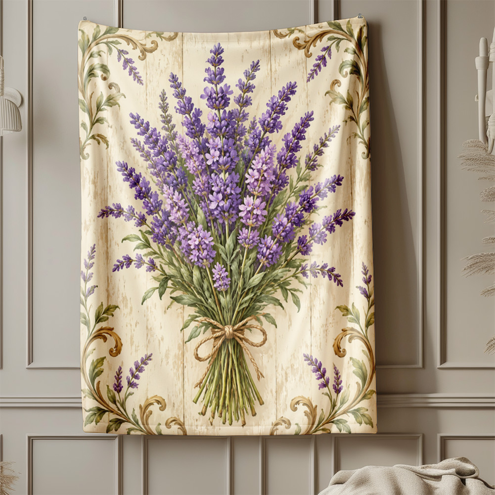 Vintage Lavender Bouquet Coral Fleece Blanket Botanical Decor