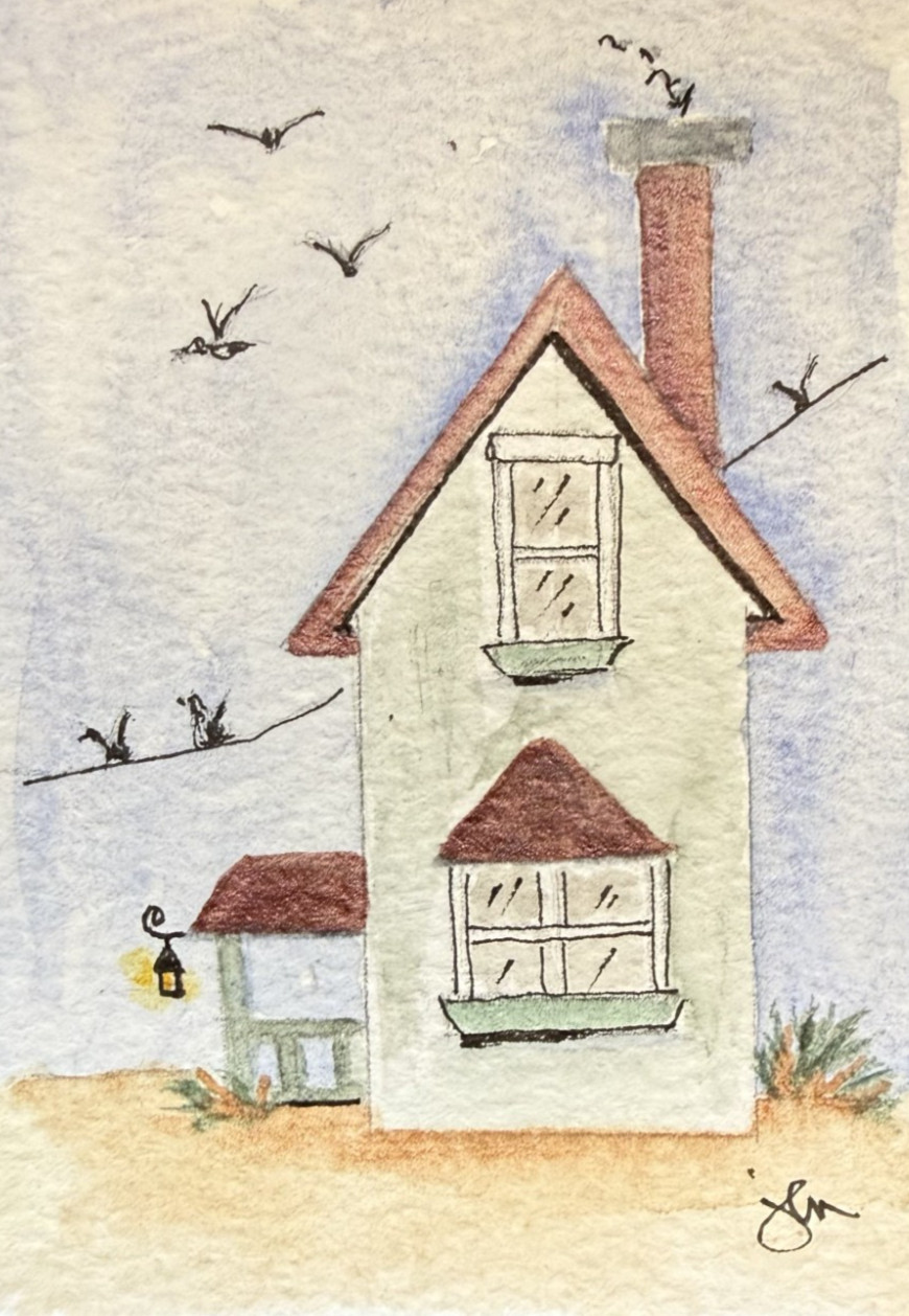 ACEO Watercolor Painting GreenHouse witht bird @butikify-Jeanne Marie #111