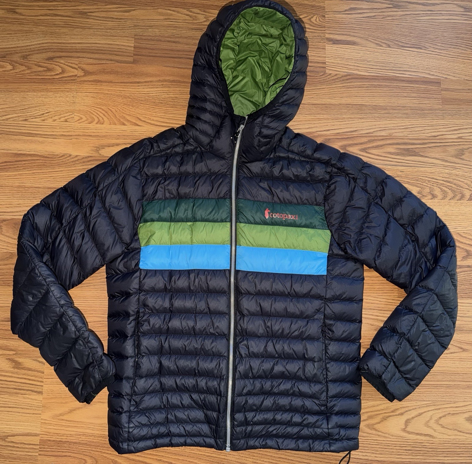 Cotopaxi Fuego Hooded Down Jacket Mens S Black Green Colorblock Puffer Gorpcore