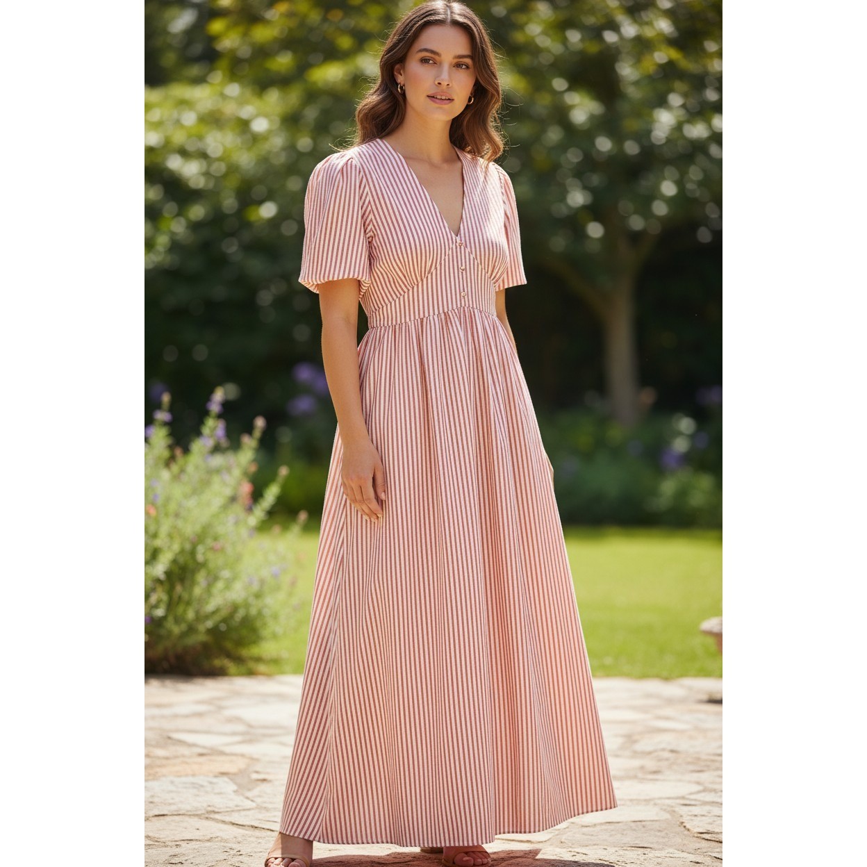 Primark Women Red Cream Striped V-Neck Puff Sleeve Maxi Dress Size 10 NEW