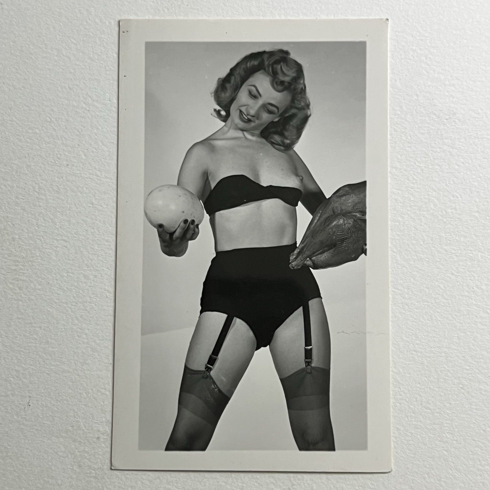 Vintage B&W Snapshot Photograph Pinup Woman Chicken Or The Egg Risqué Odd Funny