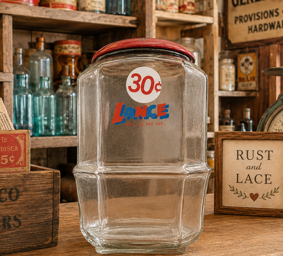 Vintage Lance Glass Counter Display Jar Red Lid Cookie Cracker Jar 12\