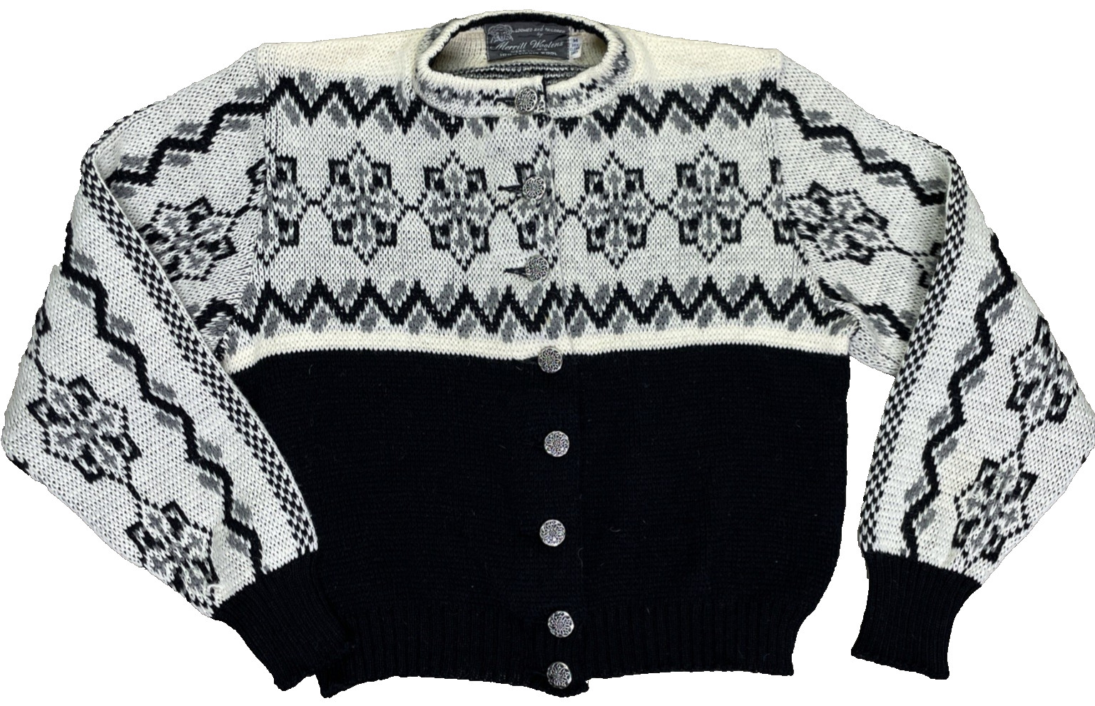 Vtg Merrill Woolens Black Fair Isle Cardigan Sweater Women’s Small Vtg Merrill Woolens Black Fair Isle Cardigan Sweater Women’s Small