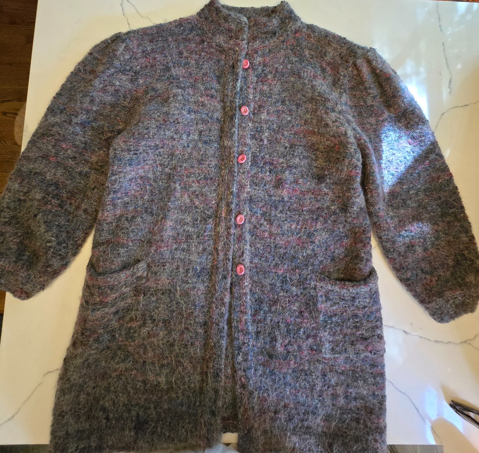 Vintage 80s Charlotte Mohair Wool Cardigan Coat L Hong Kong Fuzzy Longline