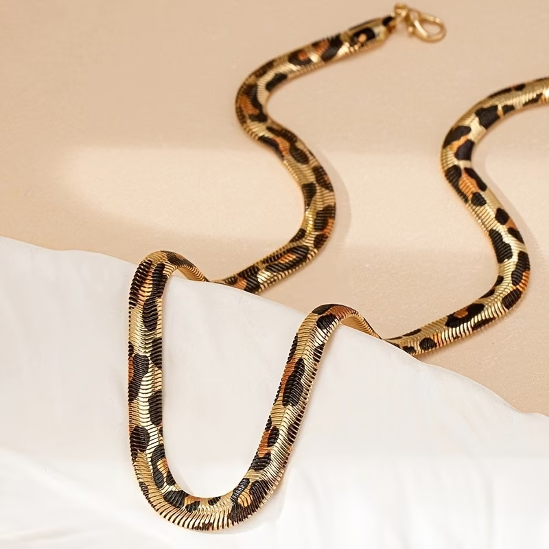 Vintage Leopard Print Snake Chain Choker Necklace Gold Tone Women's Jewelry