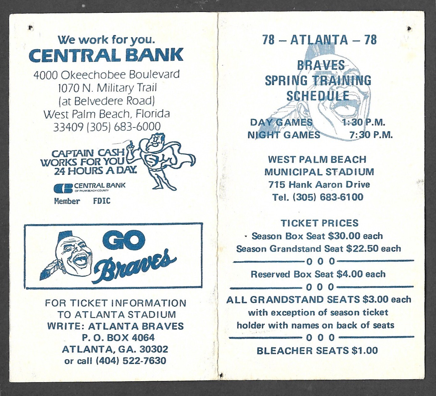 1978 ATLANTA BRAVES  Central Bank  Spring Training  POCKET SCHEDULE  VG-EX