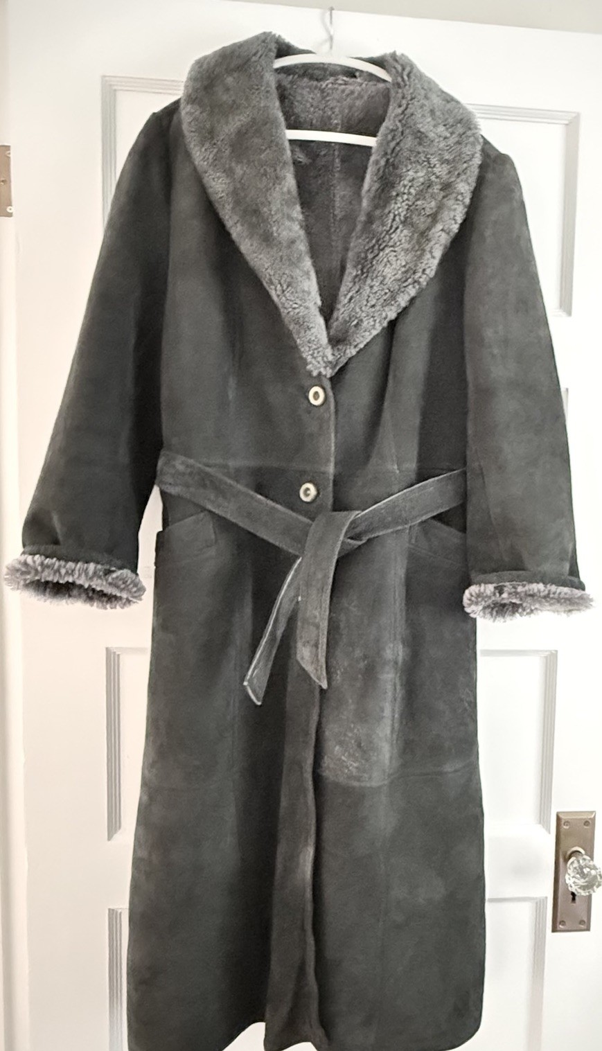 Vintage Finnish Shearling Sheepskin Long Coat Gray Belted – Purchased in Russia