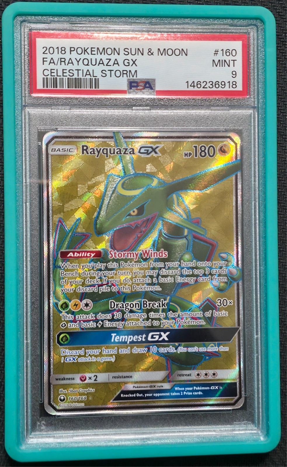 2018 POKEMON SUN & MOON CELESTIAL STORM #160 FULL ART/RAYQUAZA GX PSA 9