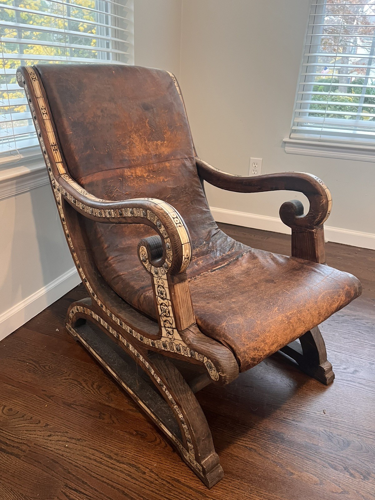 Antique Moroccan Leather Chair Solid Wood Camel Bone Inlay Handmade One of Kind Antique Moroccan Leather Chair Solid Wood Camel Bone Inlay Handmade One of Kind