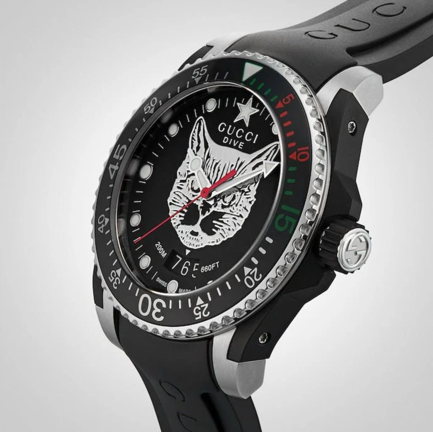 Gucci Dive Mystic Cat Black Rubber Strap Watch YA136320 Gucci Dive Mystic Cat Black Rubber Strap Watch YA136320