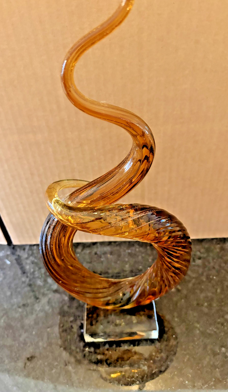 Vintage Murano Italy Amber Clear Art Glass Twisted Sculpture 15” MCM Decor