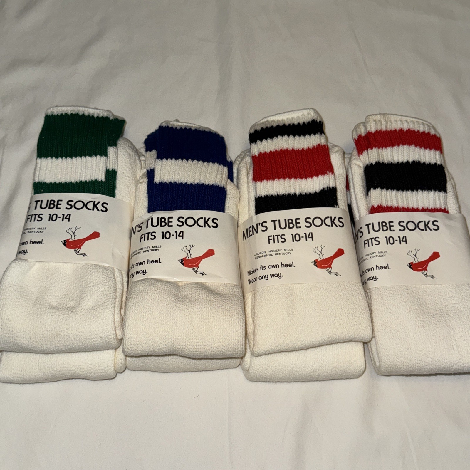 Deadstock Vtg Men’s Audubon 8 Pr Cushion TUBE SOCKS Mid Calf 10-14 Large Striped