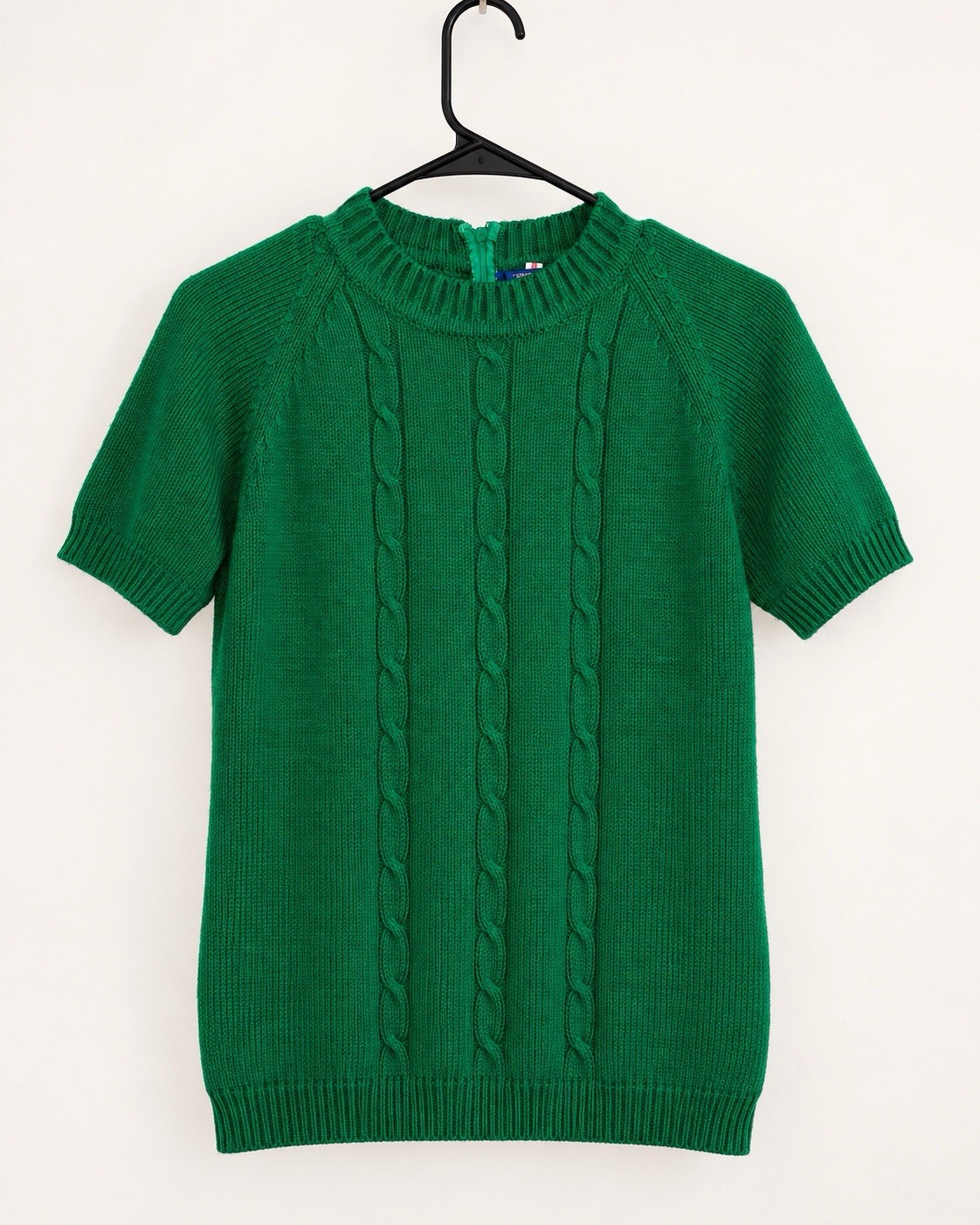 Vintage 60s 70s Green Cable Knit Sweater M Short Sleeve Mod Zip Back Pullover