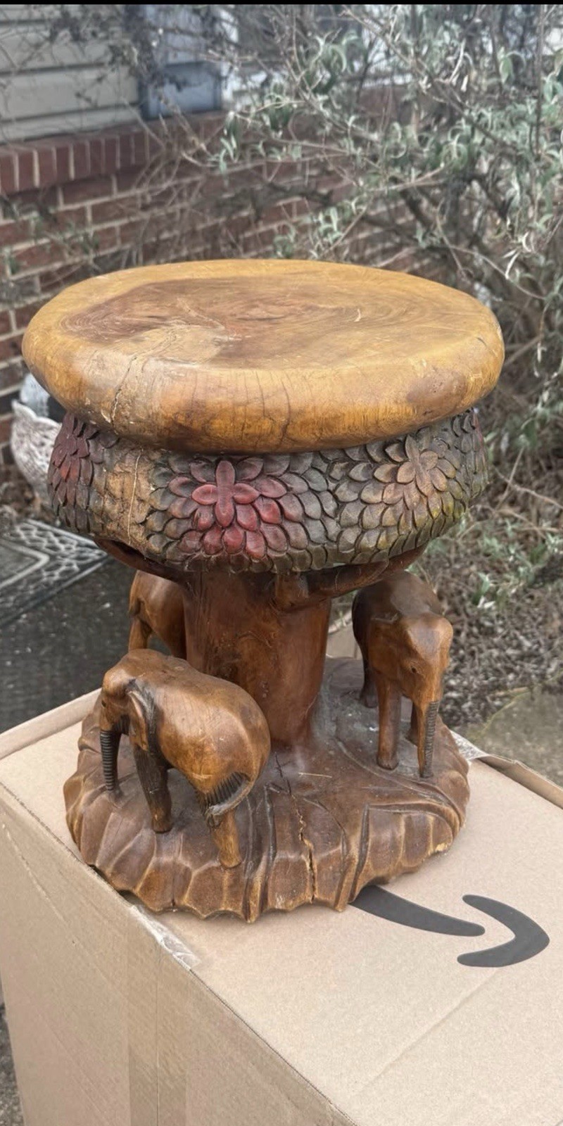 Vintage Hand Carved Elephant Stool with Ornate Decoration Vintage Hand Carved Elephant Stool with Ornate Decoration