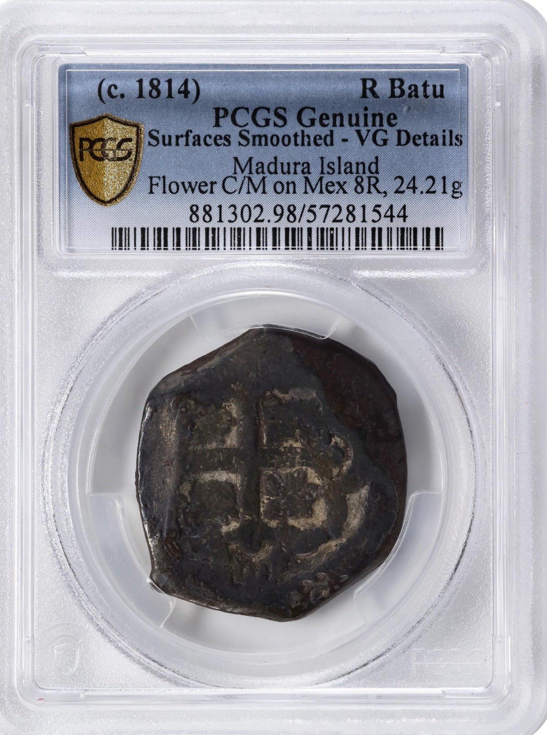 RARE 1814 R Batu East Dutch East India Madura Over 8 Reales Con Spanish Colonial