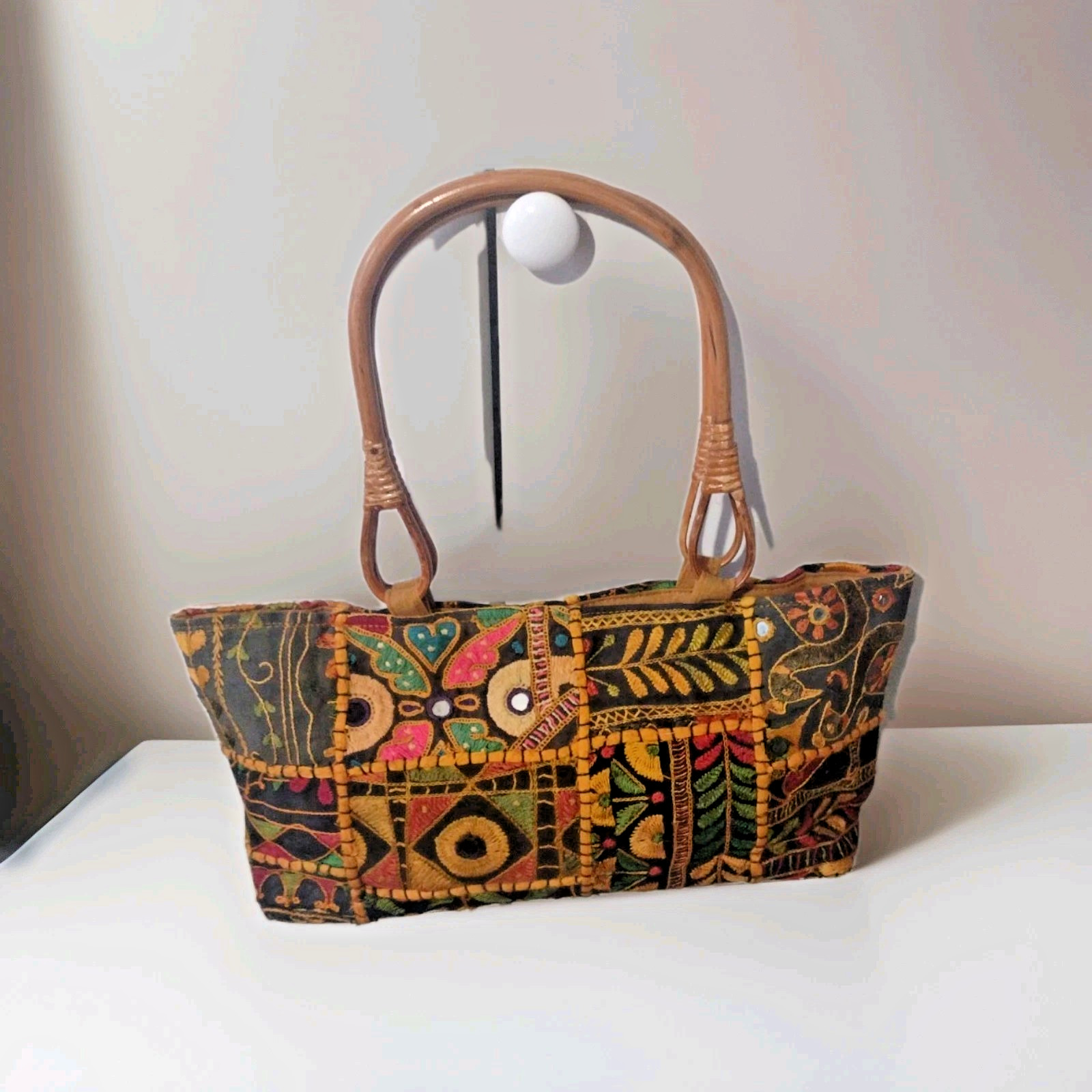 Vintage Bollywood Boho Embroidered Med Tote Zip Shoulder Bag Floral Banjara 