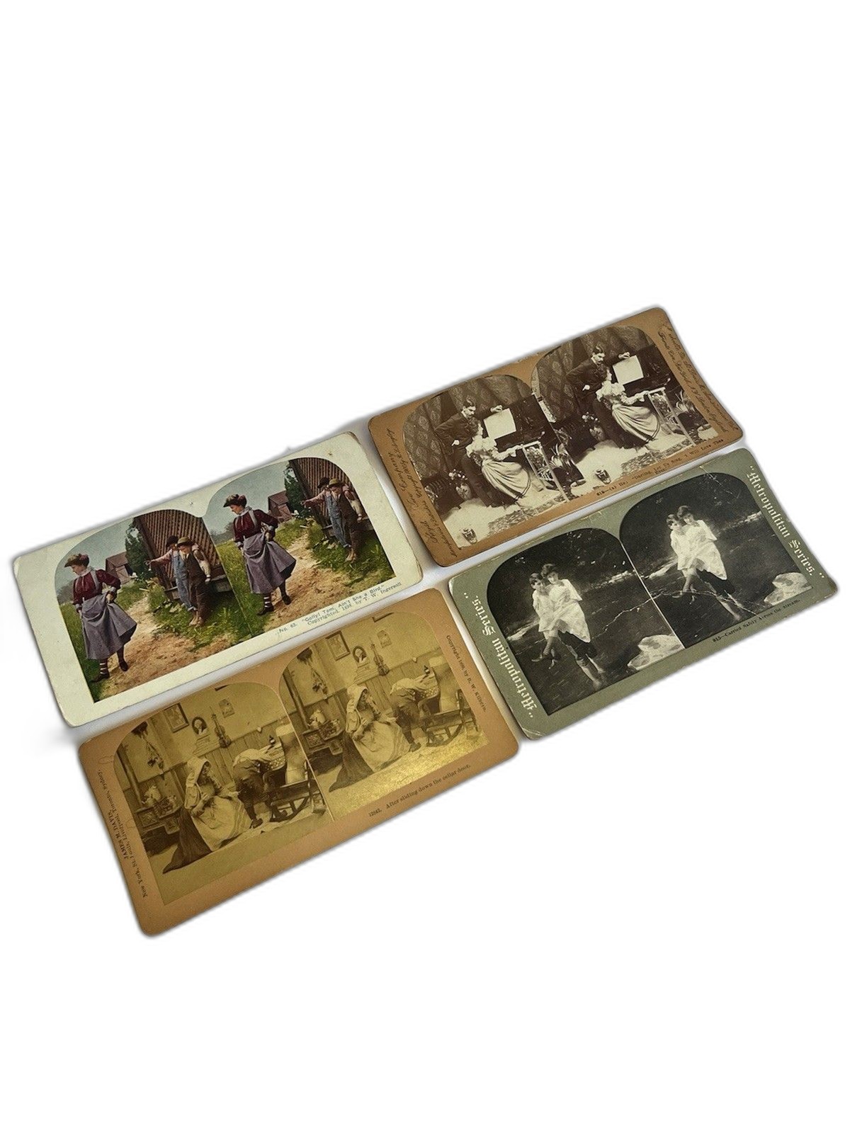 Lot Of 4 Various Sepia & Color Antique Stereoview cards