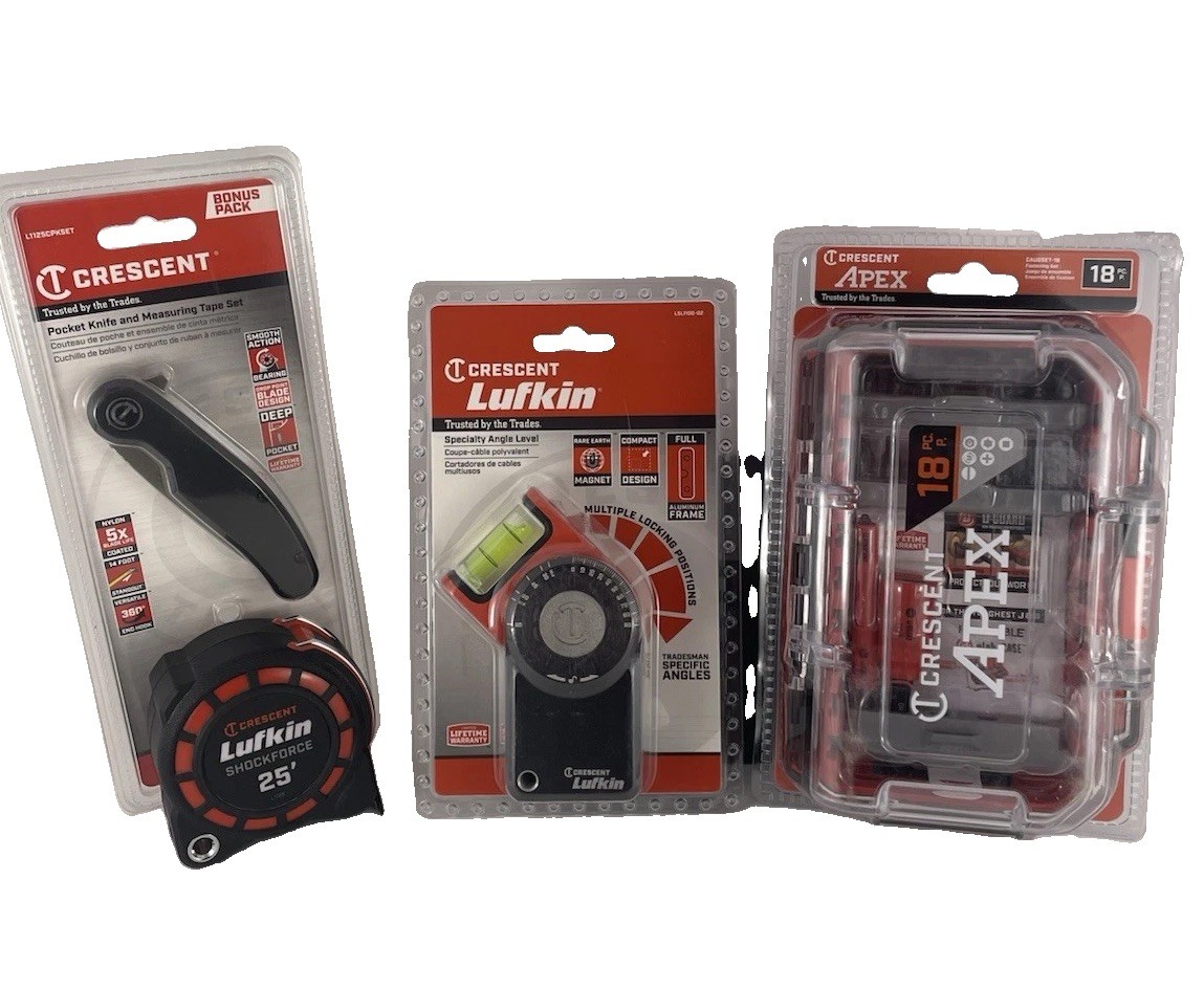 BUNDLE SET Crescent Lufkin ShockForce Tape Measure, Pocket Knife, Level, Bits BUNDLE SET Crescent Lufkin ShockForce Tape Measure, Pocket Knife, Level, Bits