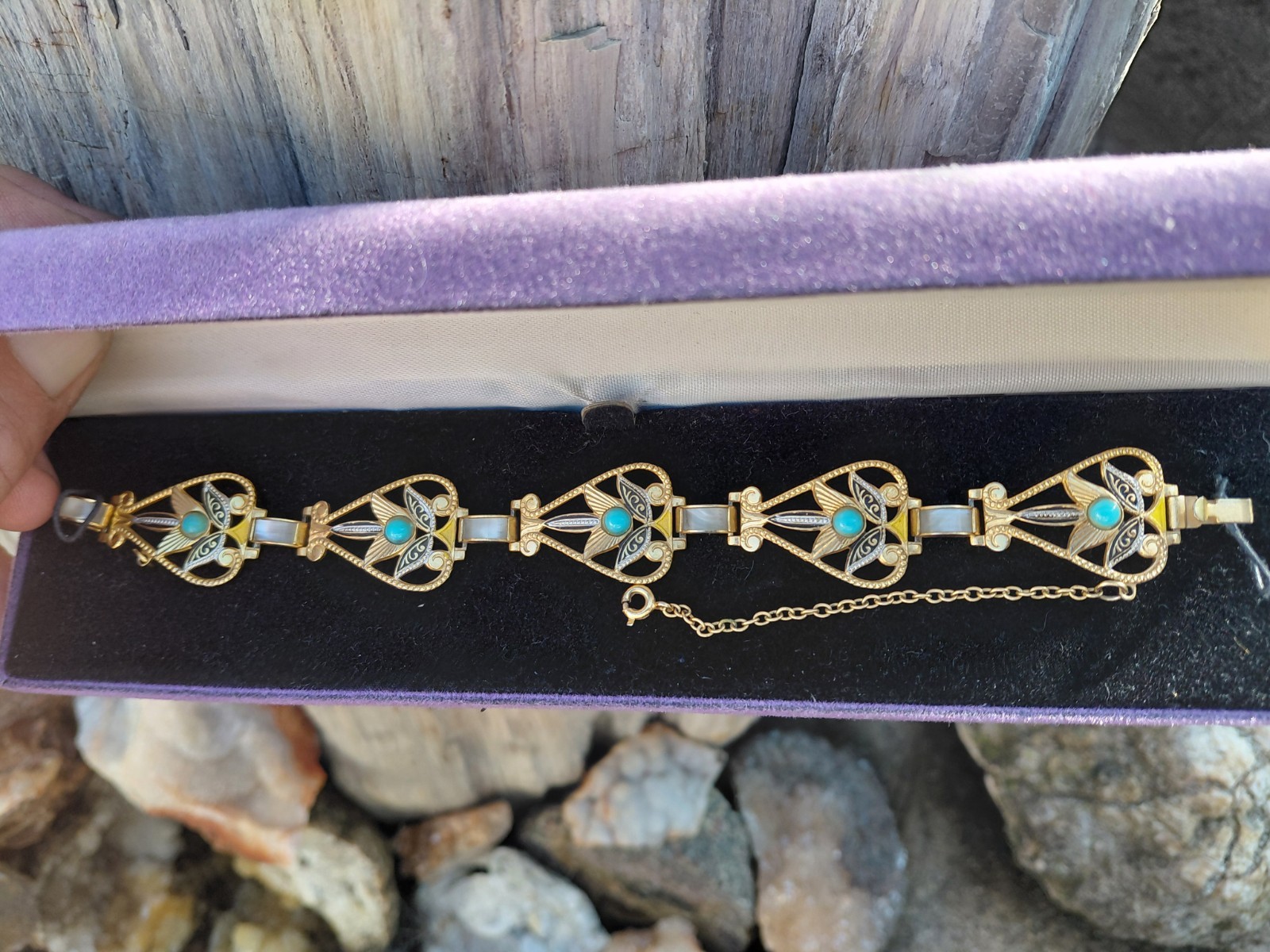 Vtg. 1920's-30's Art Deco Two-tone Egyptian Revival Filigree MOP/Glass Turquoise