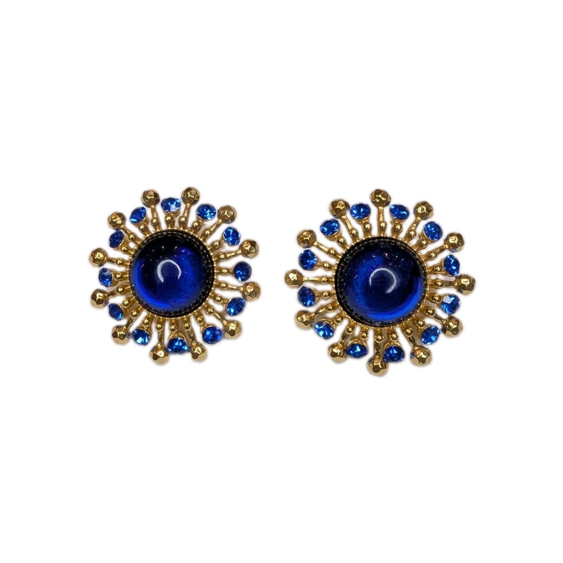 Vintage Kovonchy Signed Cobalt Blue Glass Cabochon Sunburst Earrings 