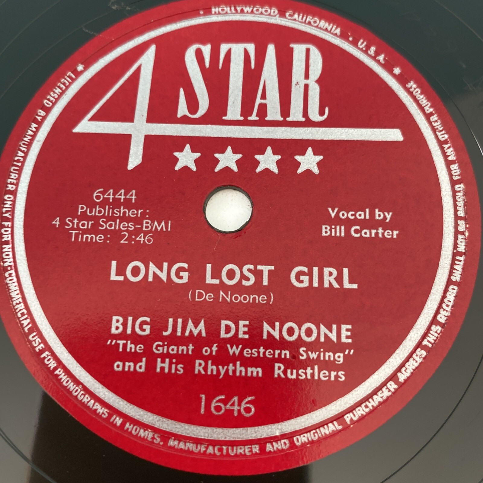 1951 JAZZ Big Jim De Noone 78 rpm 4STAR 1646 LONG LOST GIRL Western Swing E 1951 JAZZ Big Jim De Noone 78 rpm 4STAR 1646 LONG LOST GIRL Western Swing E