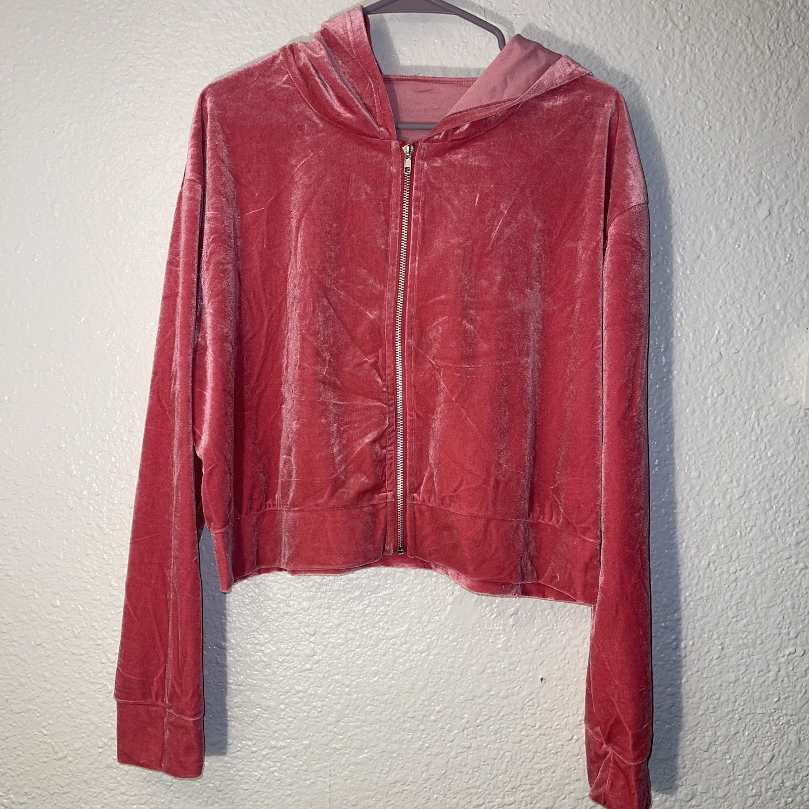 Juicy Couture Pink Velour Full Zip Hooded Hoodie Rhinestone Logo Women’s L