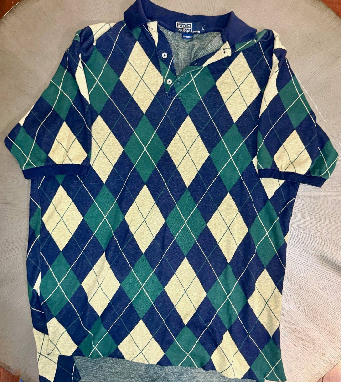 ⁠VTG 80s 90s Polo Ralph Lauren Argyle Knit Polo Shirt Mens L Blue Green USA Made