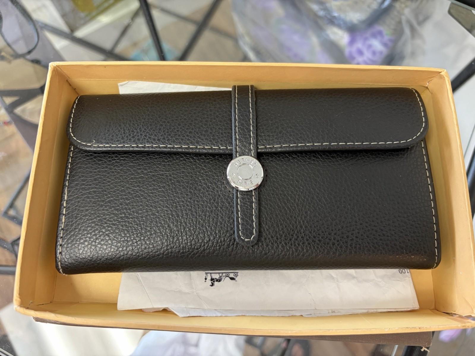 Hermes Dogon Togo Black Pebbled Leather Trifold wallet
