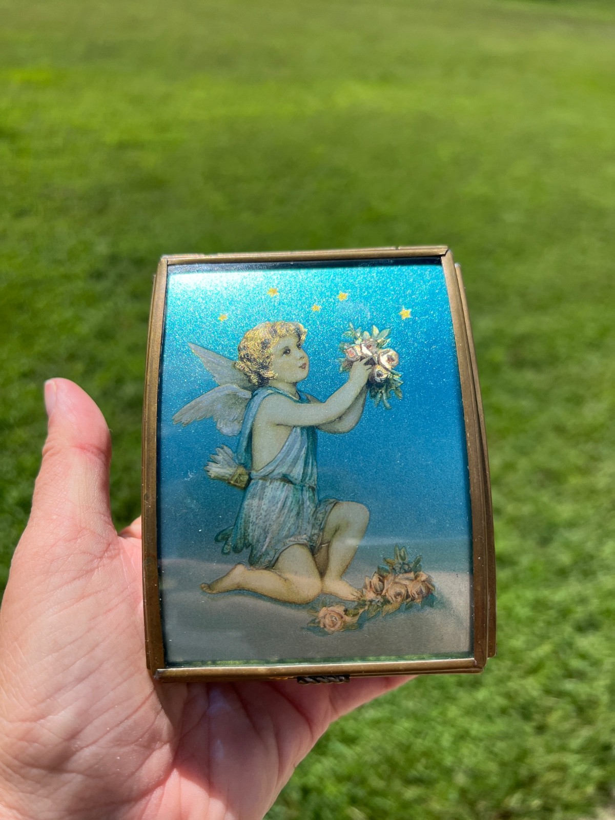Vintage 1993 Enesco Thomas Cathey Cherub Music Box Glass Brass W/ Papers Works